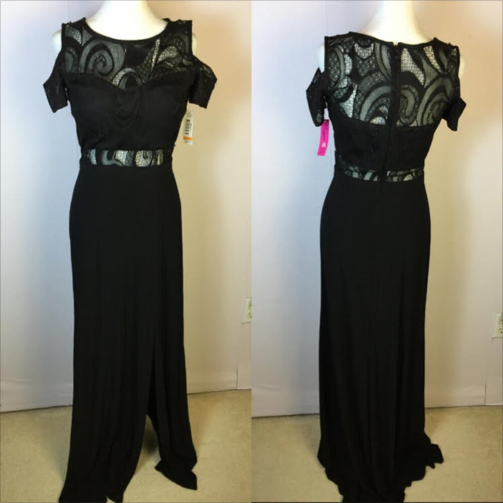 New! Morgan and Co Maxi Dress Size 7/8 Womans Juniors Black Cold Shoulder Padded